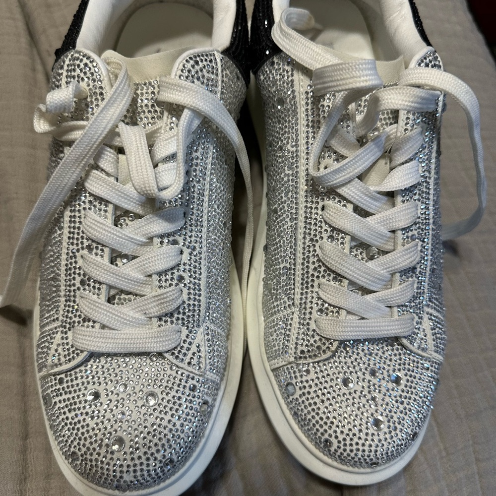 Steve Madden White, black and Silver Rhinestone Lace-Up Sneakers
